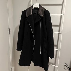 Club Monaco XS Black Wool Coat w/ Leather Collar